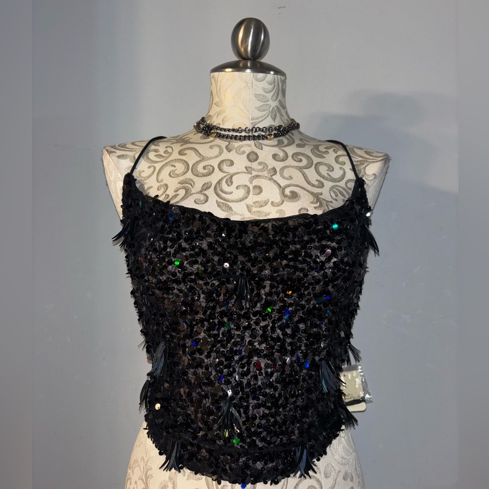 🆕 Free People Fun At Parties Top - Black Sequin Size Large.   #45